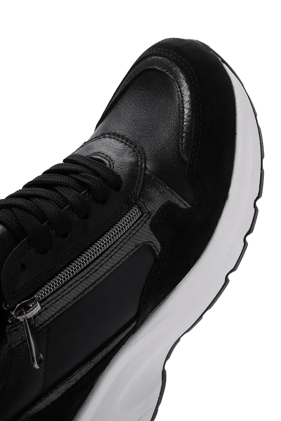 Women's Black Lace-Up Zipper Detailed Wedge Heel Leather Sneakers