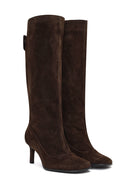 Women's Brown Thin Heeled Suede Leather Boot | Derimod