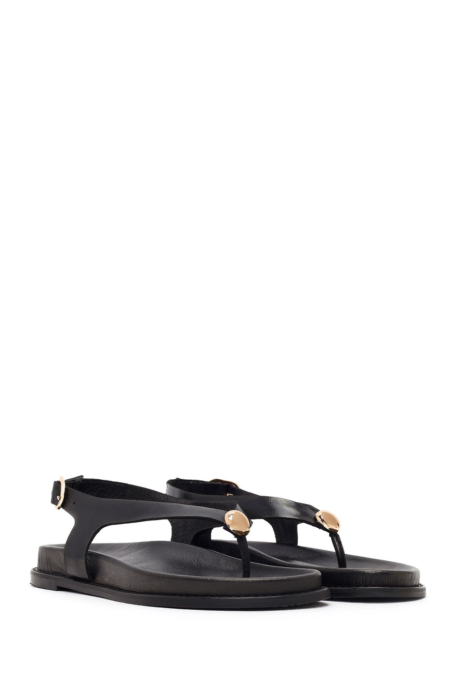Women's Black Leather Flip-Flop Sandals with Buckle Back