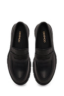 Woman Black Thick-Soled Leather Masculine Loafer | Derimod