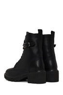Woman Black Zip Closure Thick-heeled Leather Combat Boots | Derimod