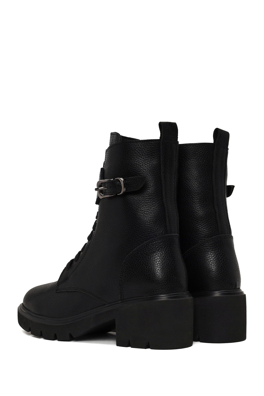 Woman Black Zip Closure Thick-heeled Leather Combat Boots