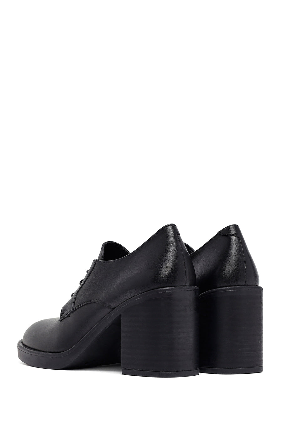 Woman Black Lace-Up Chunky Heeled Leather Masculine Shoes