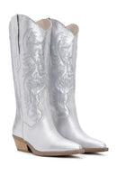 Women's Silver Leather Patterned Cowboy Boots | Derimod