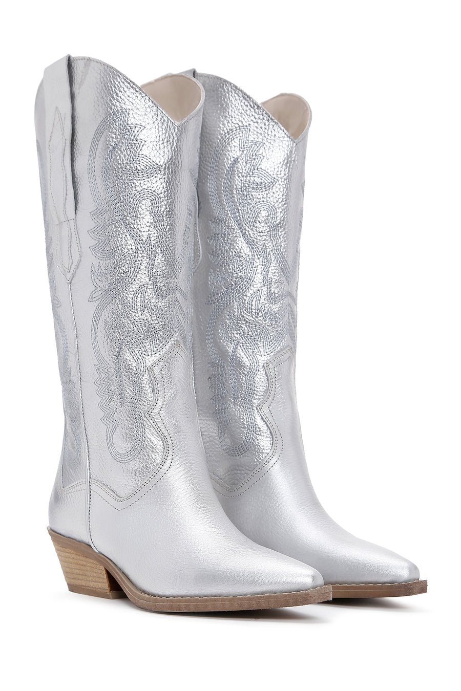Women's Silver Leather Patterned Cowboy Boots