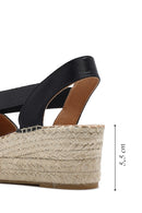 Women's Black Wedge Heeled Leather Espadrille Sandals | Derimod