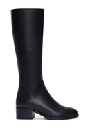 Woman Black Zip Closure Short Thick-Heeled Leather Boot | Derimod