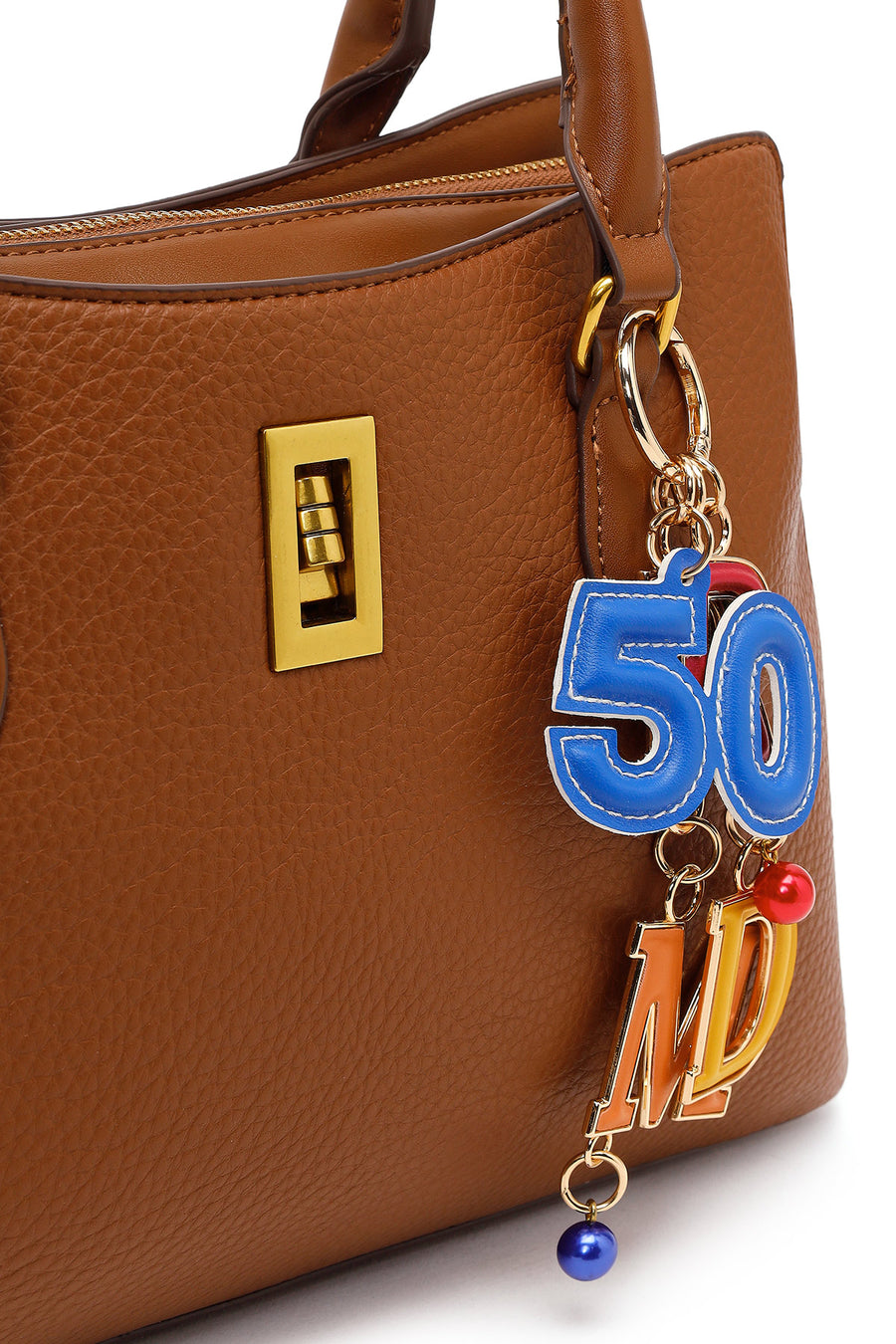 Woman Tan Long-Strap Accessorized Shoulder Bag