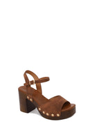 Woman Brown Ankle-Buckle Chunky-Heel Suede Sandal | Derimod