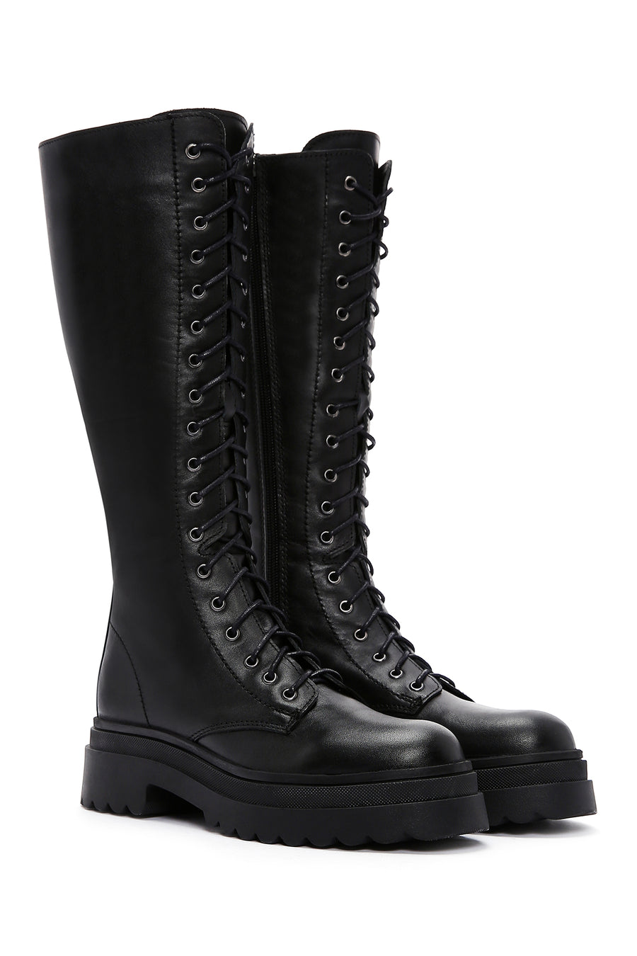 Women's Black Zippered Laced Flat Leather Boots