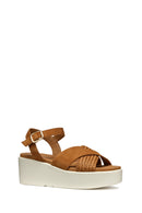 Geox Women's Tan D Xand 2.2SA - Suede Ankle Buckle Wedge Heel Leather Sandals | Derimod