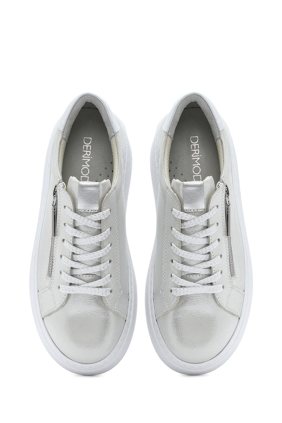 Kadın Gümüş Kalın Tabanlı Yandan Fermuarlı Deri Sneaker