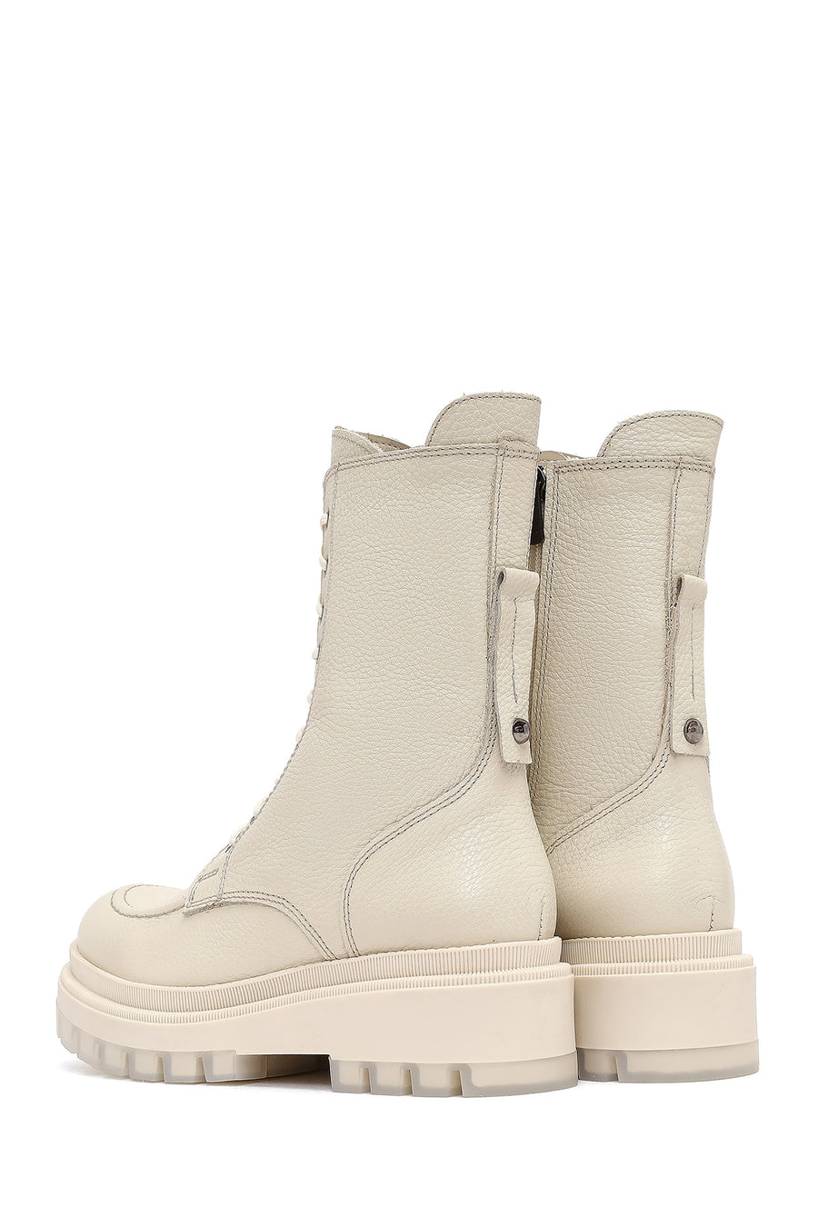 Woman Beige Zippered Thick Sole Leather Postal Boots