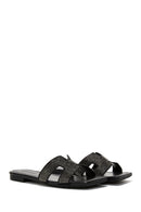 Women's Black Stone Flat Slippers | Derimod
