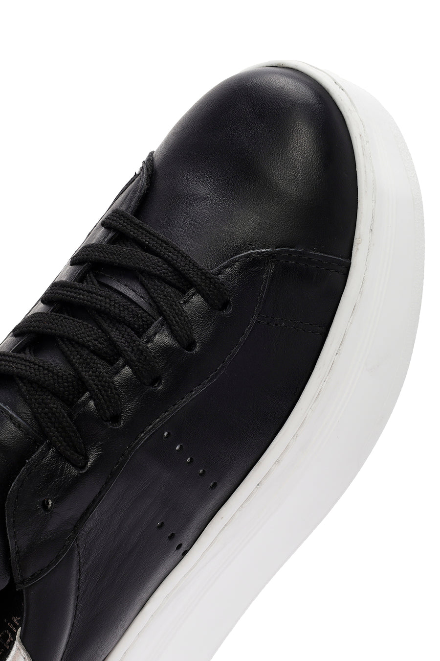 Women's Black Lace-up Thick-Sole Leather Sneaker