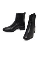 Women's Black Croco Patterned Short Thick Heel Leather Chelsea Boot | Derimod