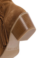 Women's Tan Suede Leather Heeled Cowboy Boots | Derimod