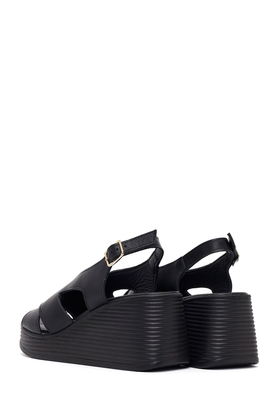 Women's Black Ankle Buckle Platform Leather Sandals