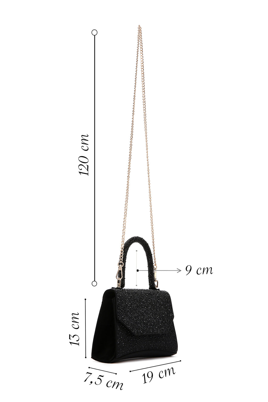 Women's Black Long Chain Strap Stone Cross Bag
