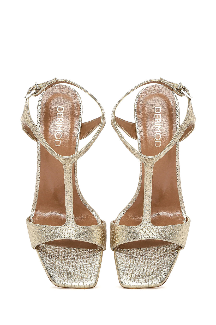 Women's Gold Ankle Strap Patterned Leather Thin High Heel Sandals
