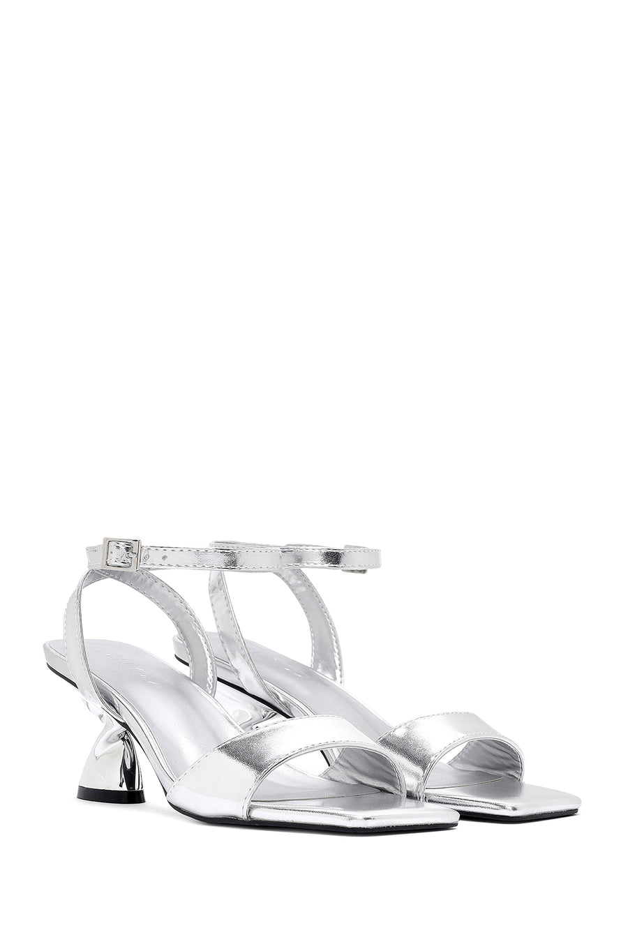 Women's Silver Ankle Buckle Chunky Heel Metallic Sandals