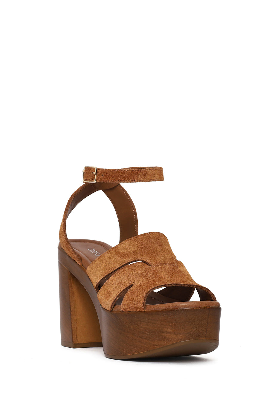 Women's Tan Ankle Buckle Thick High Heel Suede Leather Sandals