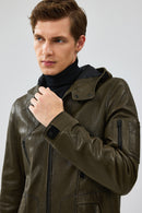 John Men's Green Hooded Leather Jacket | Derimod