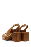 Women's Tan Suede Leather Sandals with Buckle Back and Platform Heel | Derimod