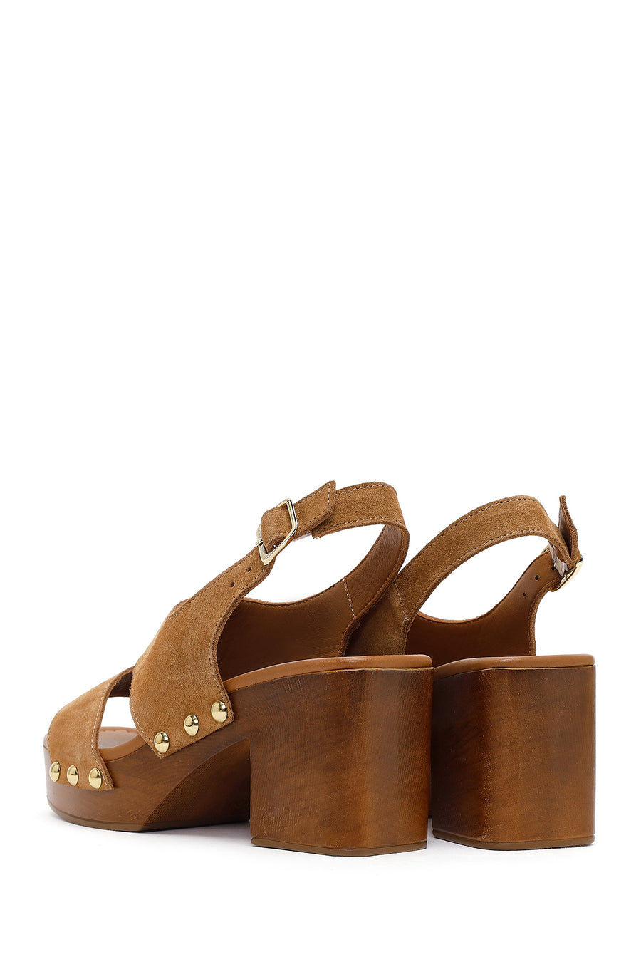 Women's Tan Suede Leather Sandals with Buckle Back and Platform Heel