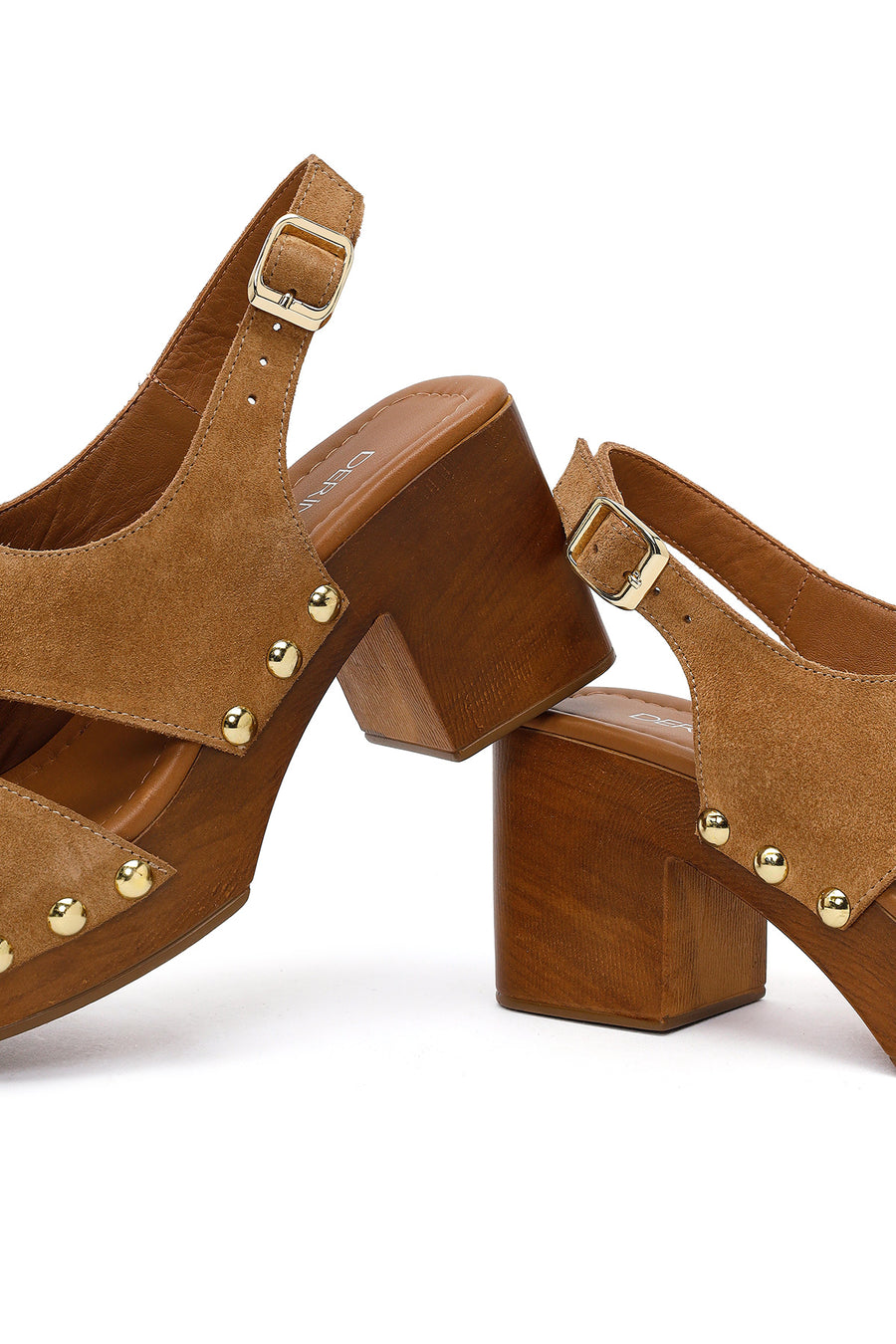 Women's Tan Suede Leather Sandals with Buckle Back and Platform Heel