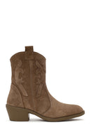Woman Walnut Thick Heeled Suede Cowboy Boots | Derimod