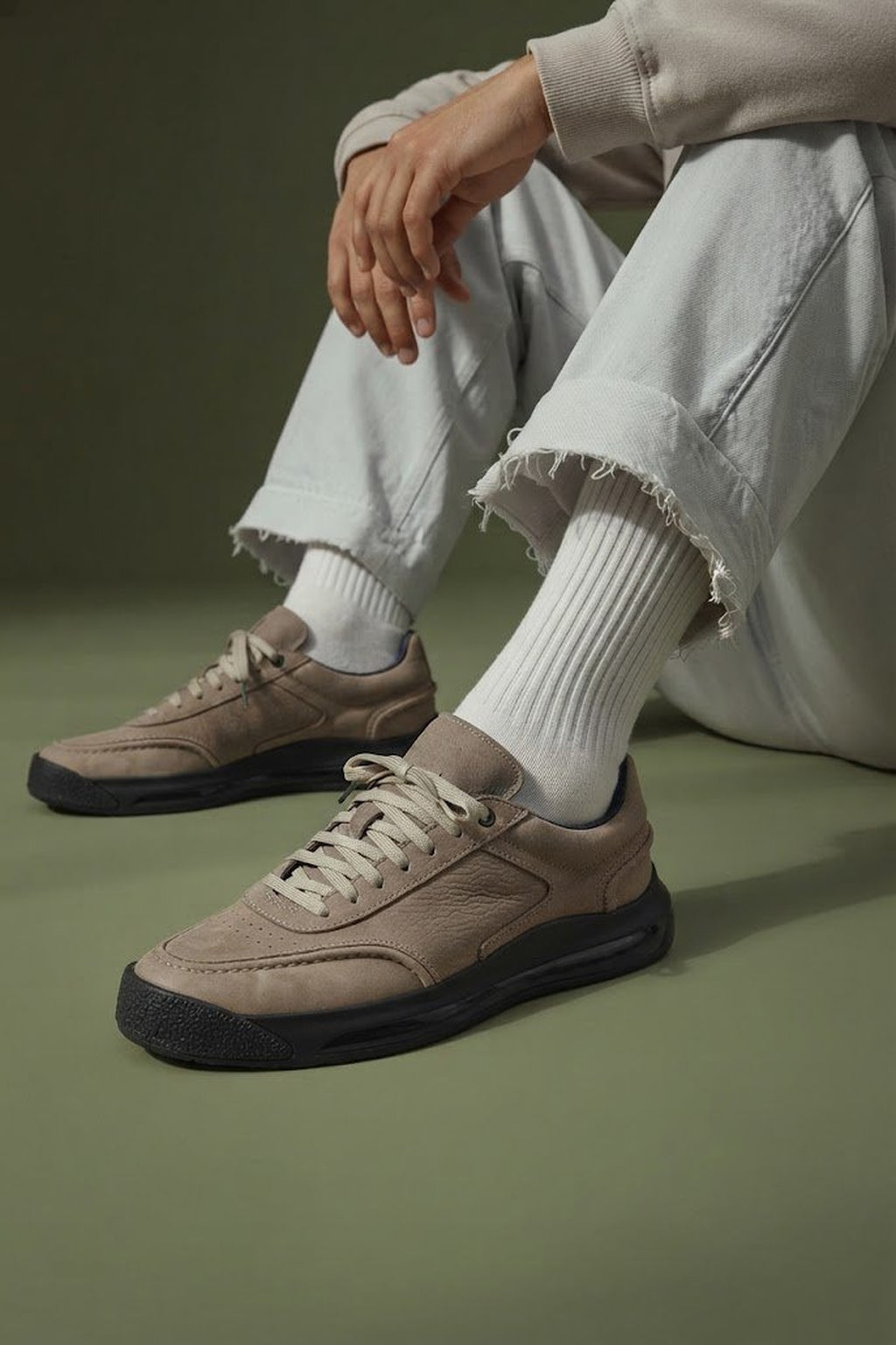 Erkek Vizon Bağcıklı Nubuk Deri Sneaker