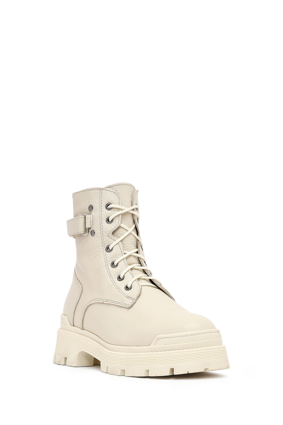 Woman Beige Lace-Up Zippered Thick Sole Leather Postal Boots