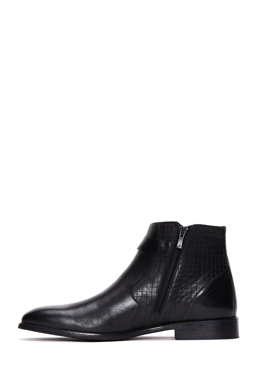Men's Black Buckle Detailed Leather Classic Zipper Boots