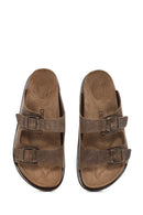 Men's Beige Double Buckle Nubuck Leather Slippers | Derimod