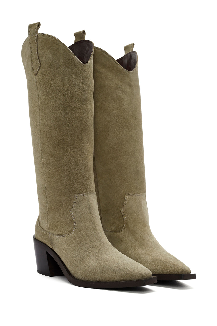 Women's Beige Chunky Heel Suede Leather Cowboy Boots