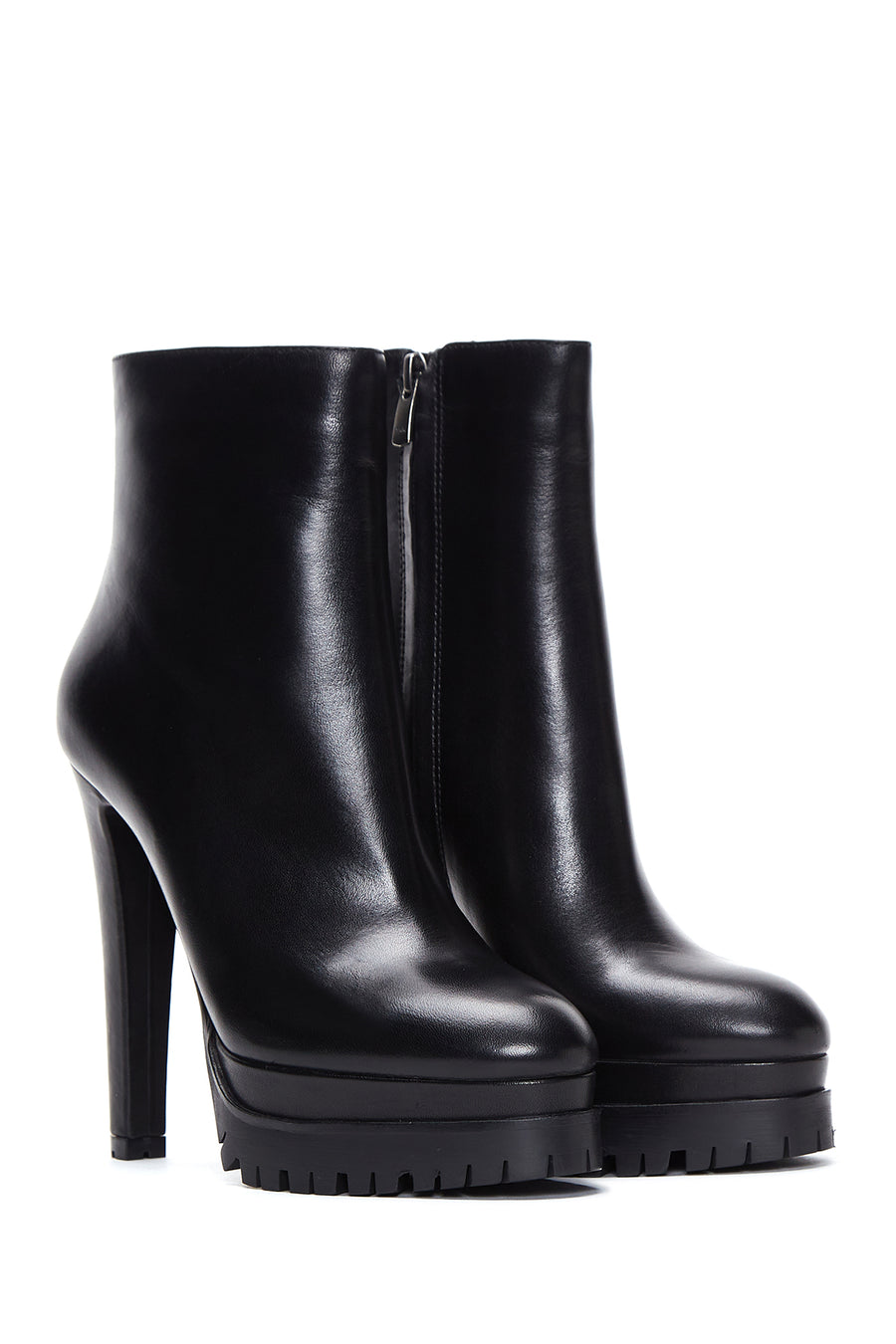 Women's Black Zippered High Heel Leather Boots