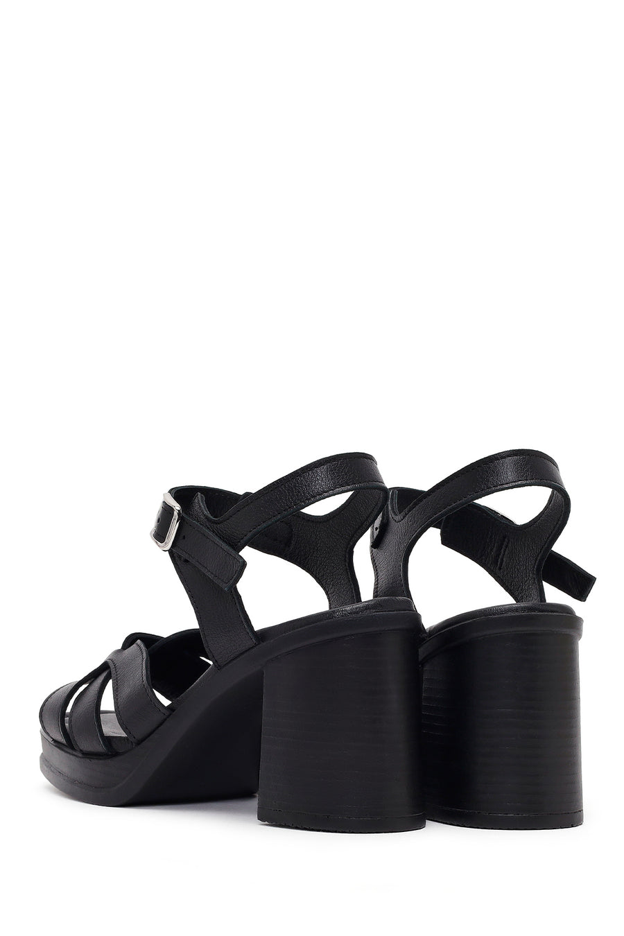Women's Black Ankle Buckle Thick Heel Leather Sandals