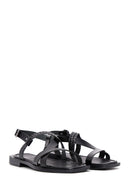 Women's Black Knitted Detailed Leather Bodrum Sandals | Derimod