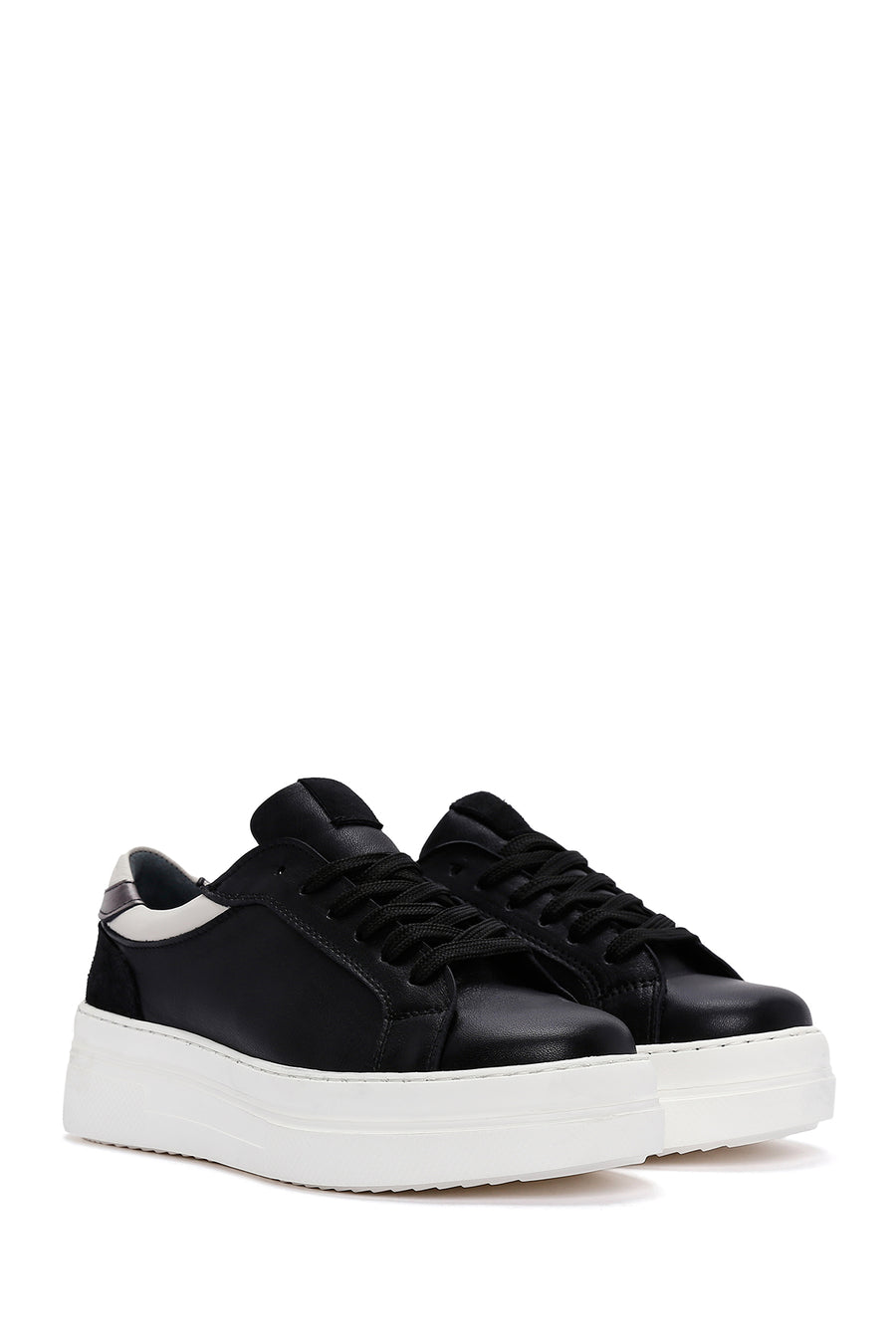 Women's Black Lace-Up High Heel Leather Sneakers