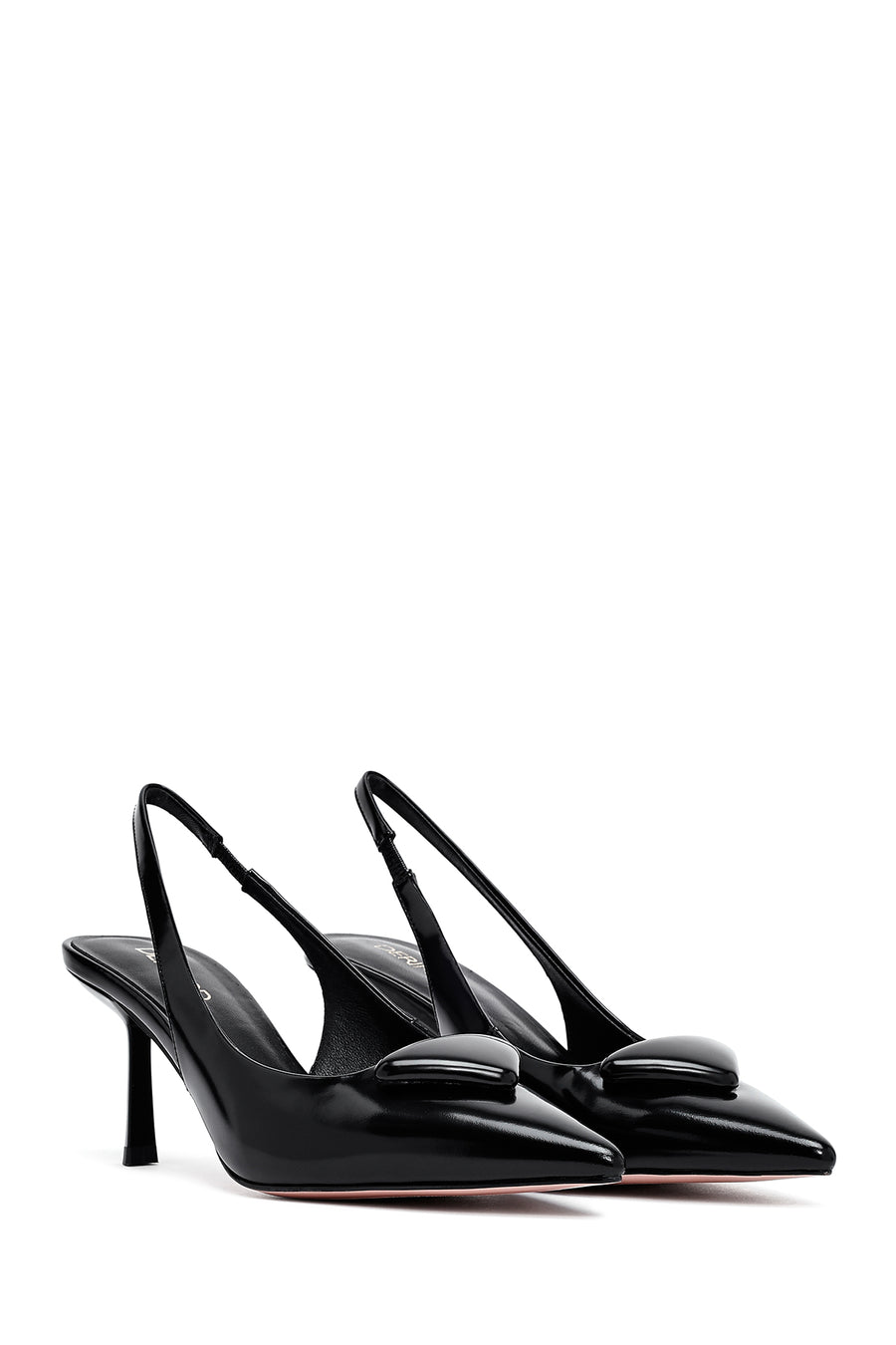 Women's Black Open Back Thin Heeled Leather Shoes