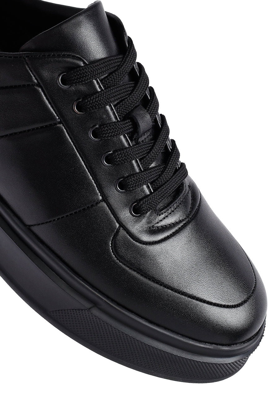 Men's Black Lace-Up Thick Sole Leather Sneakers