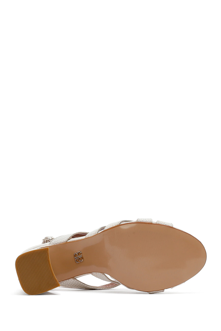 Women's Cream Ankle Buckle Patterned Thick Heel Leather Sandals