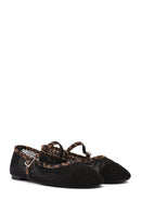 Women's Black Leopard Patterned Buckled Mesh Leather Ballerinas | Derimod