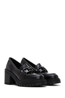 Women's Black Thick Heeled Leather Masculine Loafer | Derimod