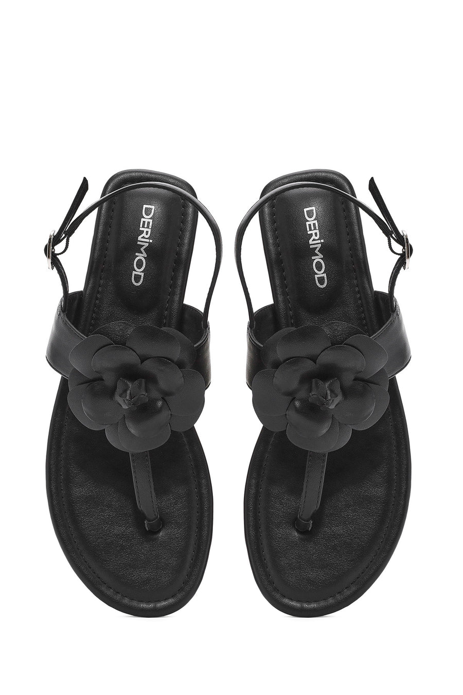 Women's Black Flower Detailed Flip Flop Sandals