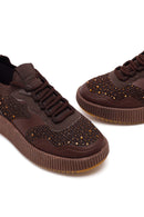 Derimod Zero Kadın Kahverengi Bağcıklı Kalın Tabanlı Taşlı Kumaş Sneaker | Derimod