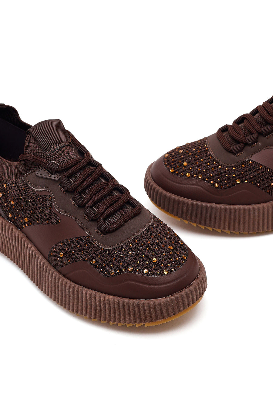 Derimod Zero Kadın Kahverengi Bağcıklı Kalın Tabanlı Taşlı Kumaş Sneaker
