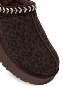 Woman Brown Thick-Soled Leopard Patterned Suede Teddy Boots | Derimod