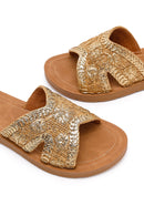 Woman Gold Braided Slippers | Derimod